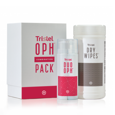 Tristel OPH Combination Pack: carton, DUO OPH foam bottle and DRY Wipes tub