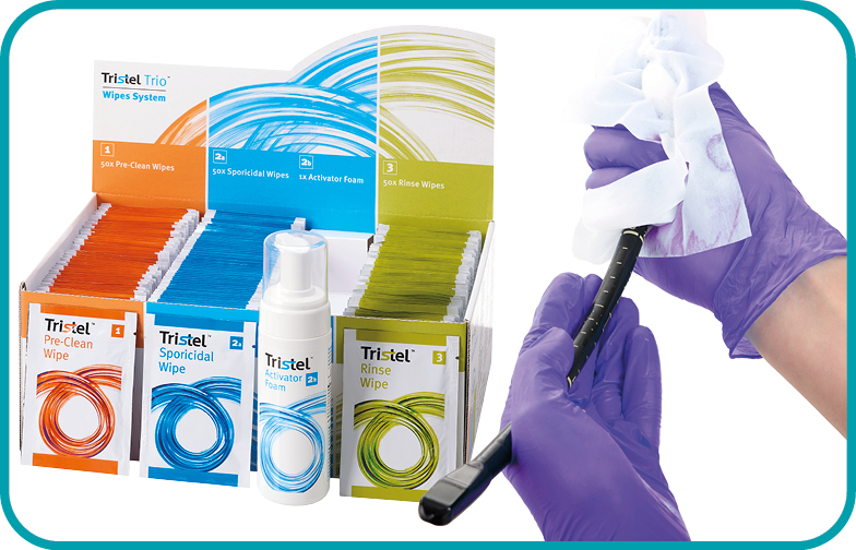 Tristel Trio Wipes System pour l'éradication de la tuberculose : nettoyage, désinfection de haut niveau et rinçage des dispositifs médicaux invasifs sans canal opérateur.