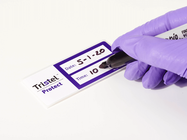 Tristel Protect : date et heure de chaque procédure de décontamination peuvent être enregistrées sur chaque sac afin de vérifier rapidement que le dispositif respecte son délai de conservation de 72 heures