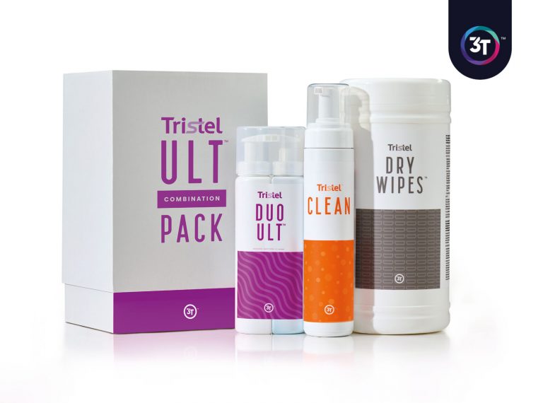 Tristel ULT Combination Pack comprenant les flacons Tristel DUO ULT et Tristel CLEAN, ainsi qu'un distributeur de lingettes sèches Tristel DRY WIPES, compatible avec la traçabilité numérique 3T.