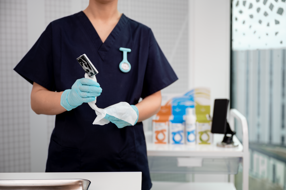 Zorgverlener die een herbruikbaar laryngoscoopblad reinigt met een Tristel-doekje