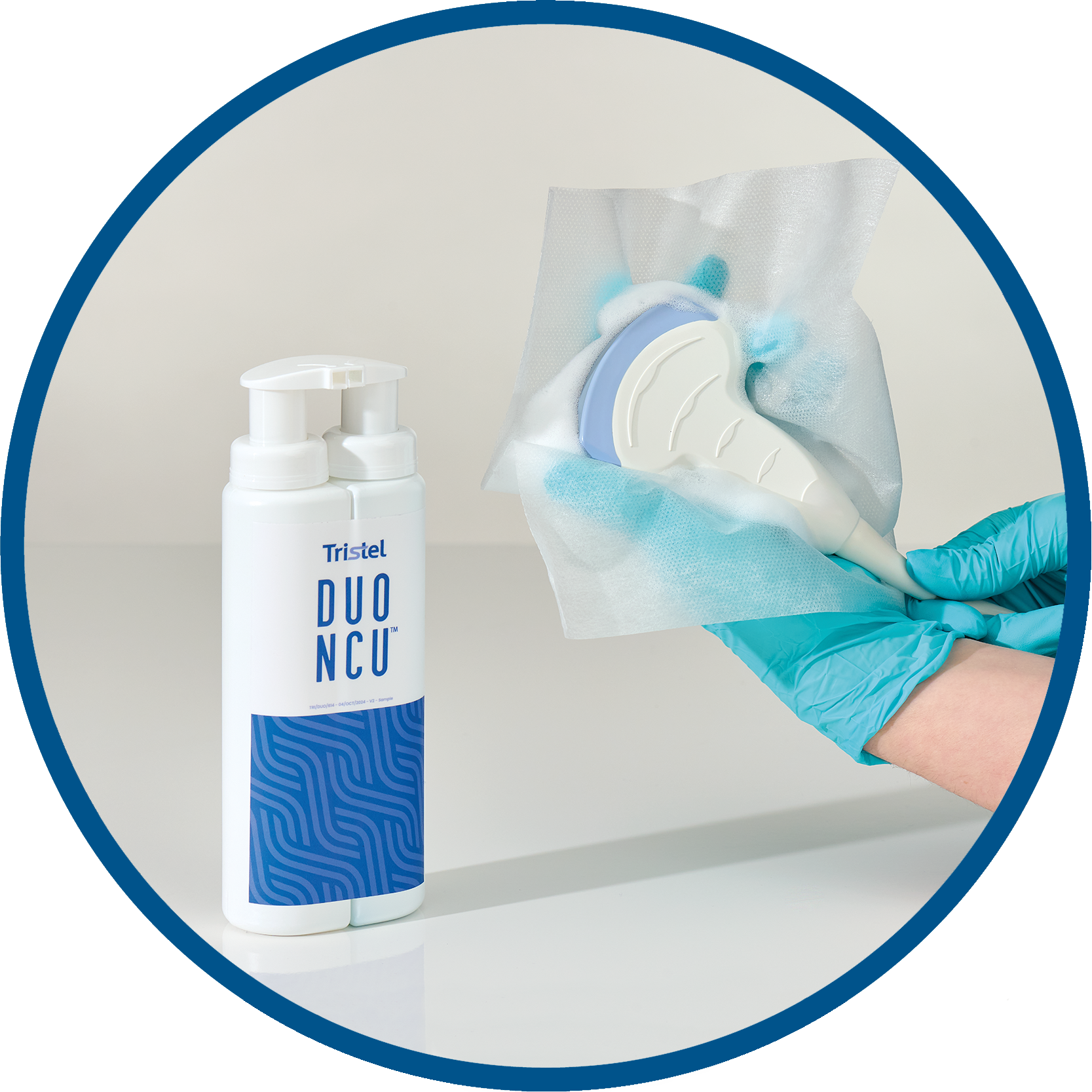 Tristel DUO NCU - ultrasound and skin surface transducer cleaner disinfection. Step 2 Wipe