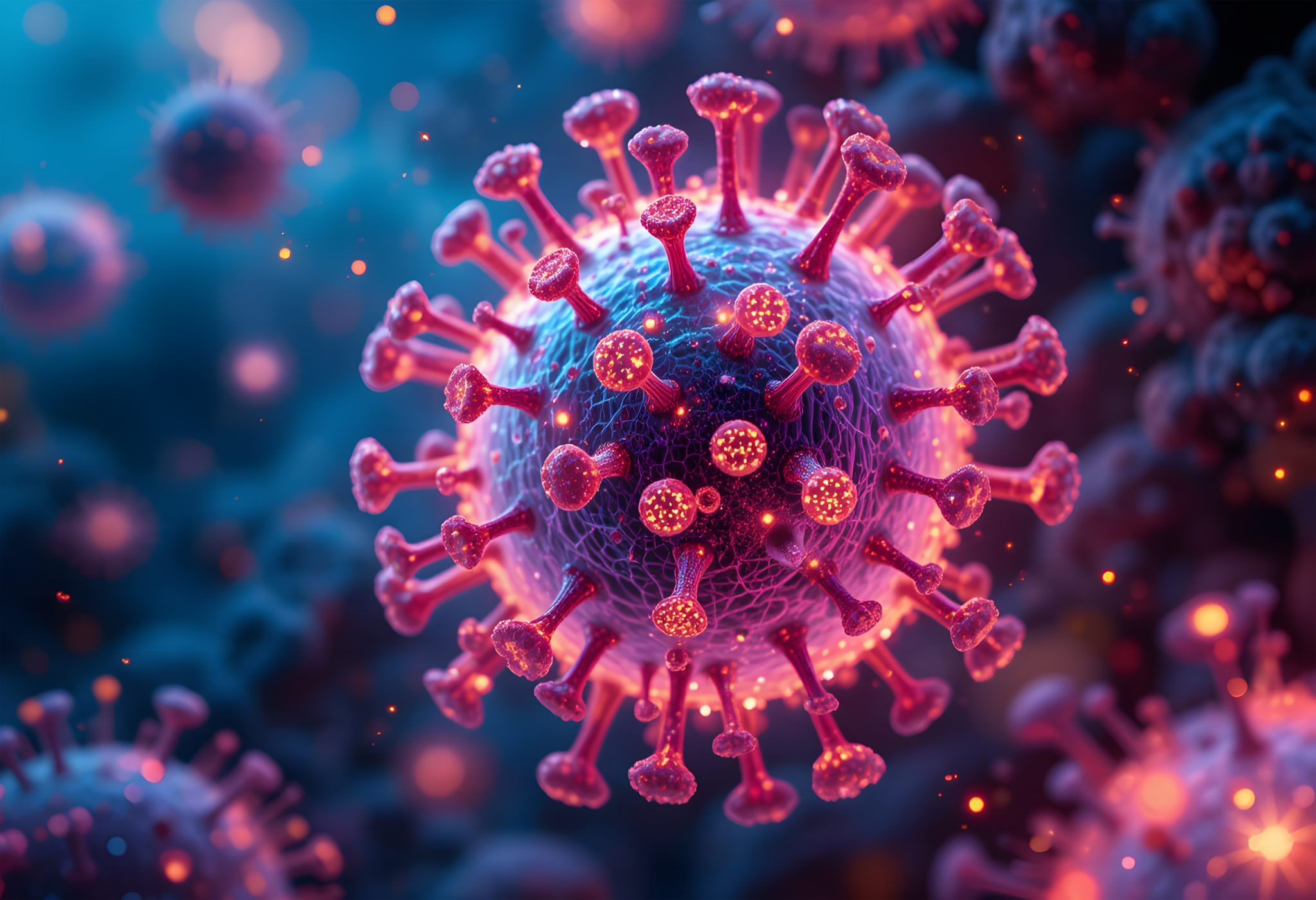 Hyperrealistic Digital Rendering of Norovirus Under a Microscope with Luminous Spherical Particles Radiating Neon Light and Intricate Textures
