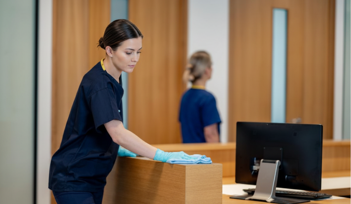 Healthcare worker in gloves wiping down a reception desk