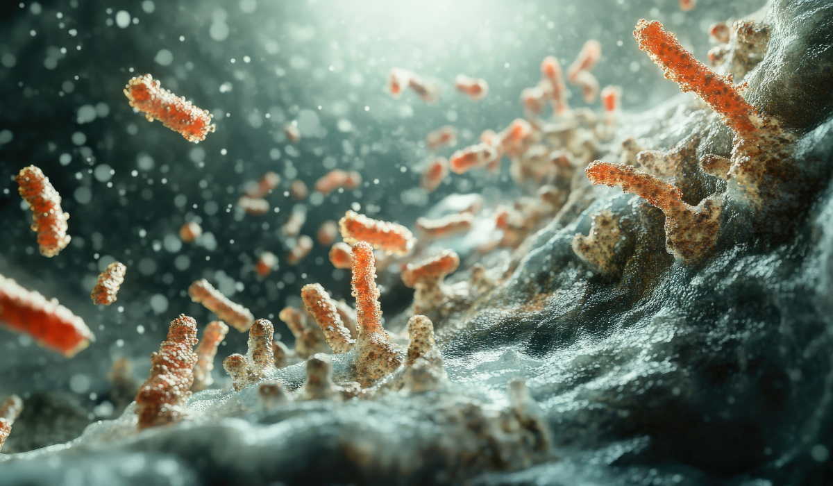3D illustration of rod-shaped bacteria forming a biofilm on a wet surface